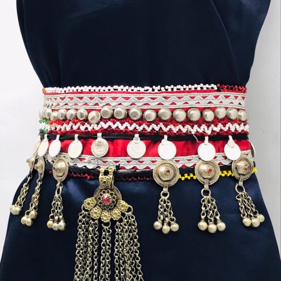 Afghani Belt with Turkman Hanging Beads, Vintage Afghan Kuchi Belt, Turkman Belt